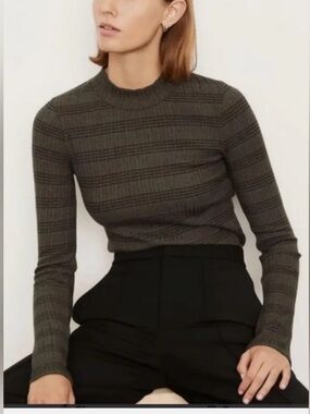 Vince Variegated Rib Dark Grey Gray Black Striped Mock Neck Top Womens Large